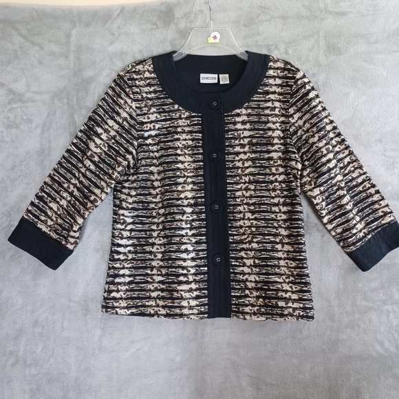Chicos Jacket Sz 1 / 8 Animal Print Textured Button Front Artsy Black Tan Career - Picture 9 of 9